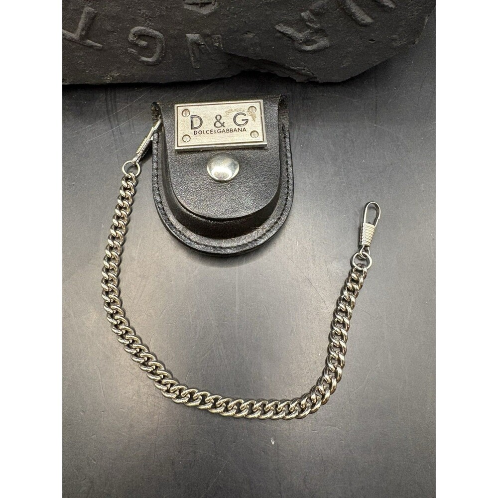Dolce & Gabbana Black Leather Pocket Watch Pouch D&G Logo Silver Tone 10” Chain